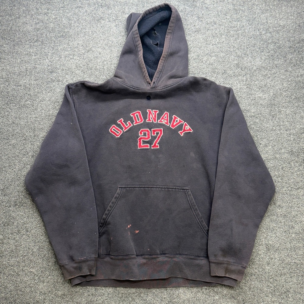 Old Navy Mens Distressed Pullover Hoodie Navy Blue Red Graphic‎ 27 Varsity XL